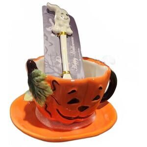 Pumpkin Mug and Saucer with cat and ghost spoon NWT